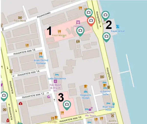 Map of part of Krabi Town showing the location s of the black Crab statue, Black Crab Night Market and Krabi Town Night Market