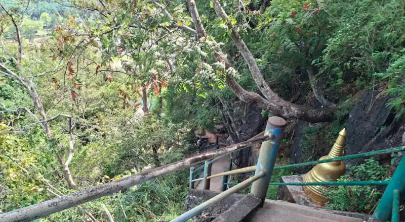 outdoor staircase winding down the mountainside through forest, bordered by railings and a golden stupa partially hidden by trees.